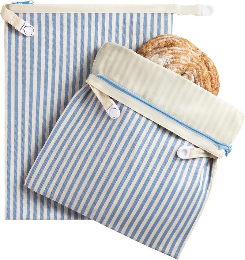 BRONYPRO Reusable Beeswax and Cotton Bread Bags with Zipper, 2-Pack Waxed Bread Bags for Homemade Bread & Sourdough, Sustainable Sourdough Loaf Storage to Lock in Freshness, Large 17x12.6in, Blue - Image 1
